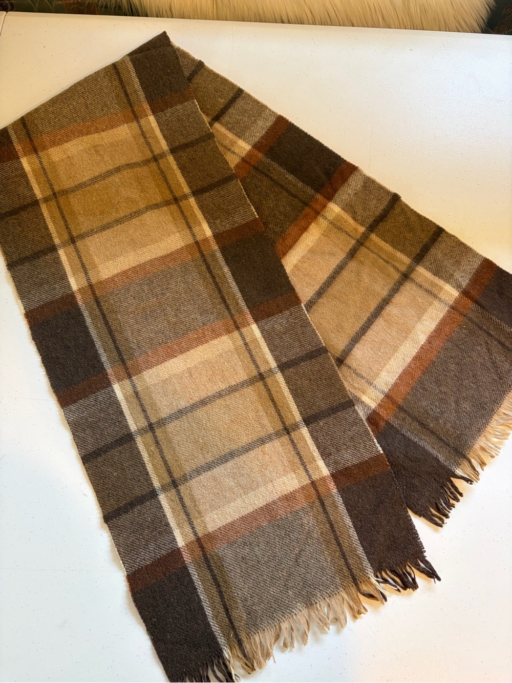 Vintage Wool Blend Plaid Scarf Brown Tan Fringe Winter Classic Preppy Mens 80s
